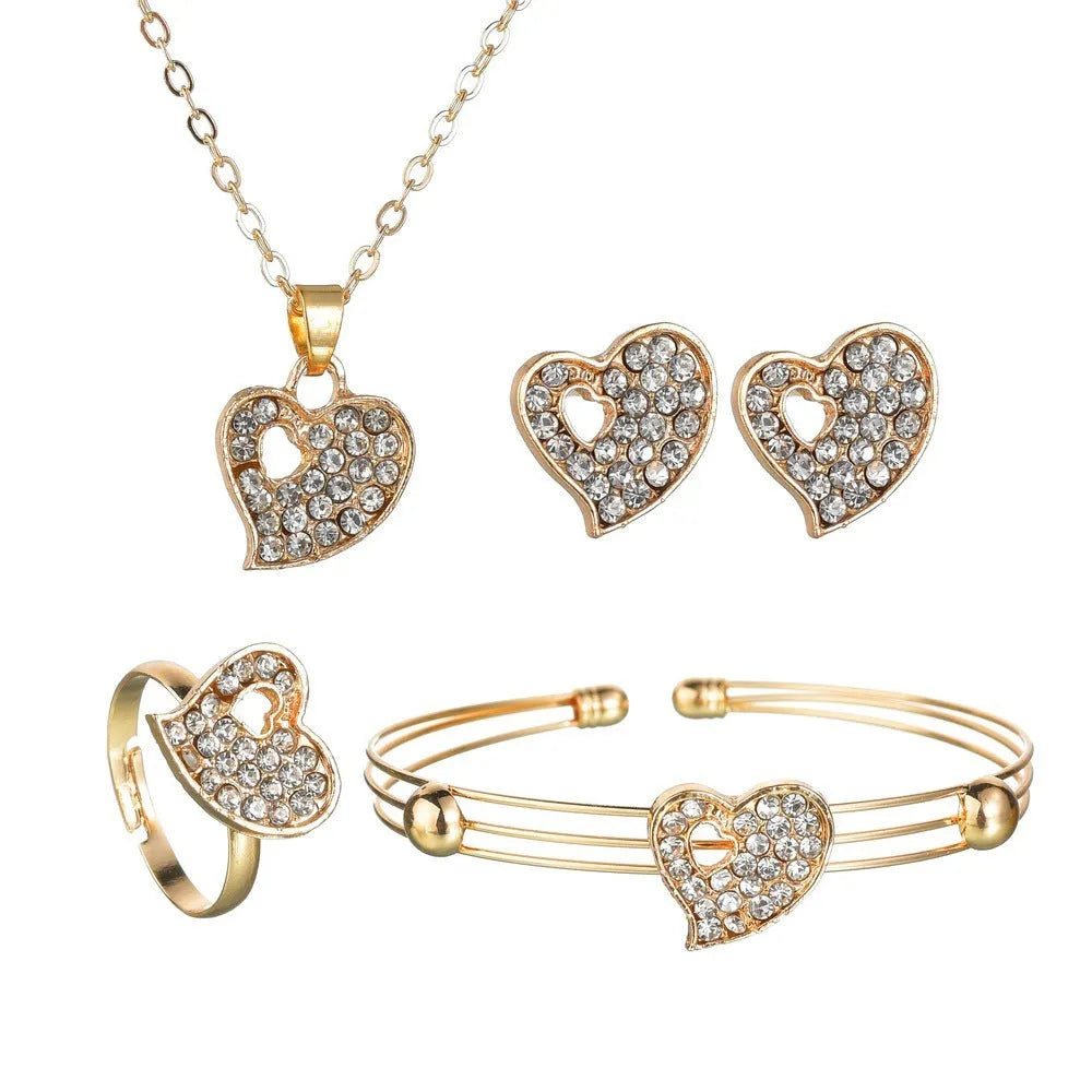 Gold colour women's jewellery set with earrings, pendant and adjustable bracelet featuring love, water drop and bell patterns