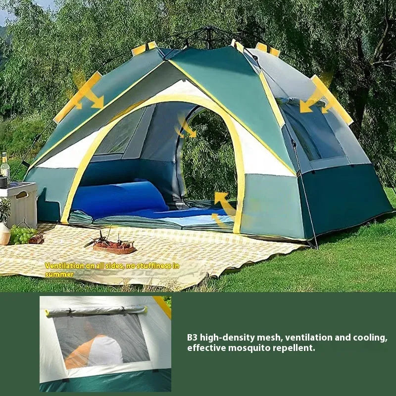 Dark green automatic pop-up camping tent for 3-4 people with quick-open design