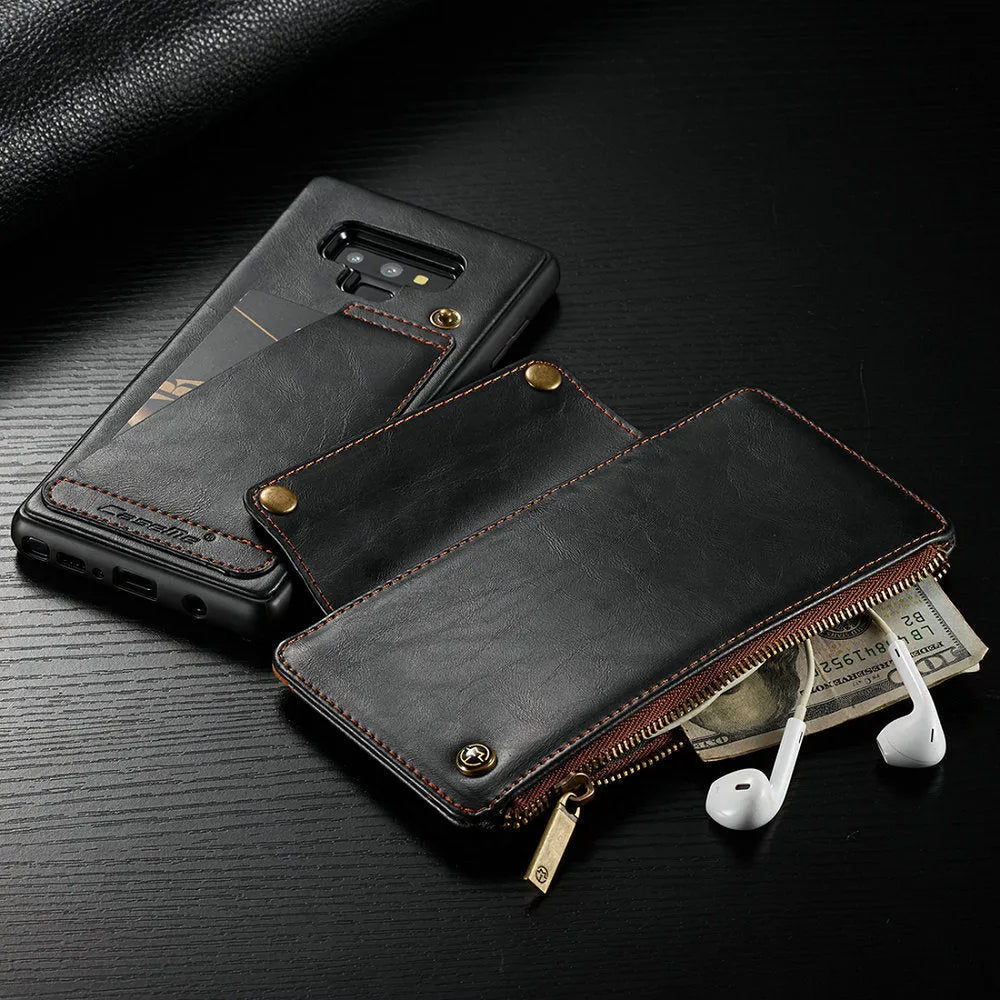 Samsung Galaxy Note 9 flip phone case in black PU leather showing closed and open positions
