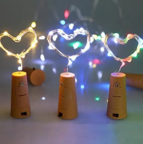 Bendable copper wire LED string light with 20 bulbs and a plastic bottle stopper for decorative lighting