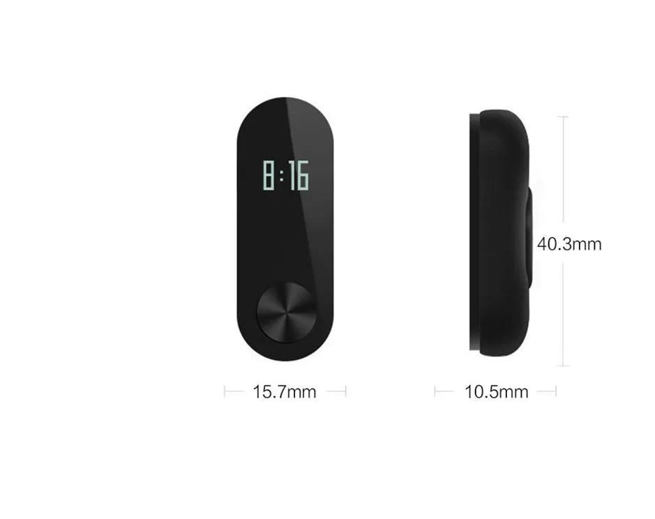 Xiaomi Mi Band 2 black fitness tracker on wrist showing OLED screen with heart rate data