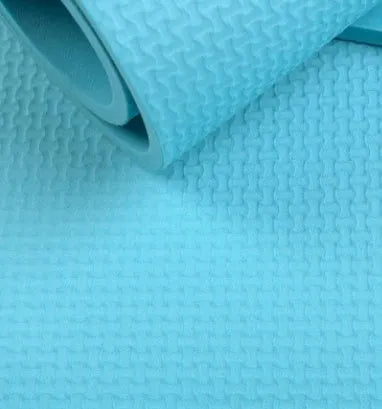 EVA fitness yoga mat in choice of 4mm or 6mm thickness, shown in blue colour with anti-skid texture.