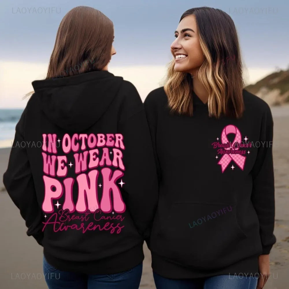 Breast Cancer Awareness pink ribbon retro print hoodie with side pocket
