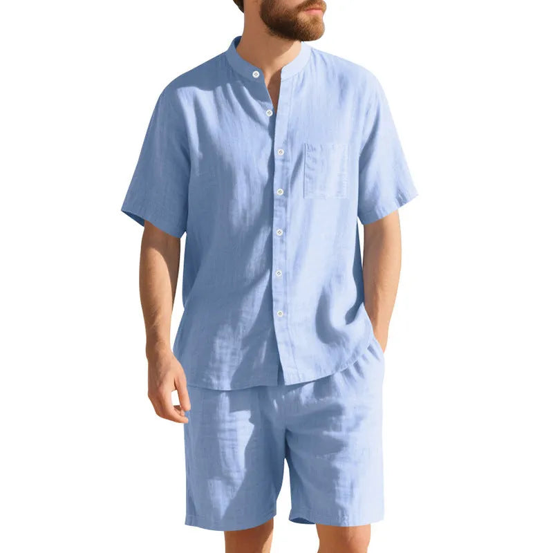 Men's linen summer two-piece suit with short sleeve Henry collar jacket and matching shorts