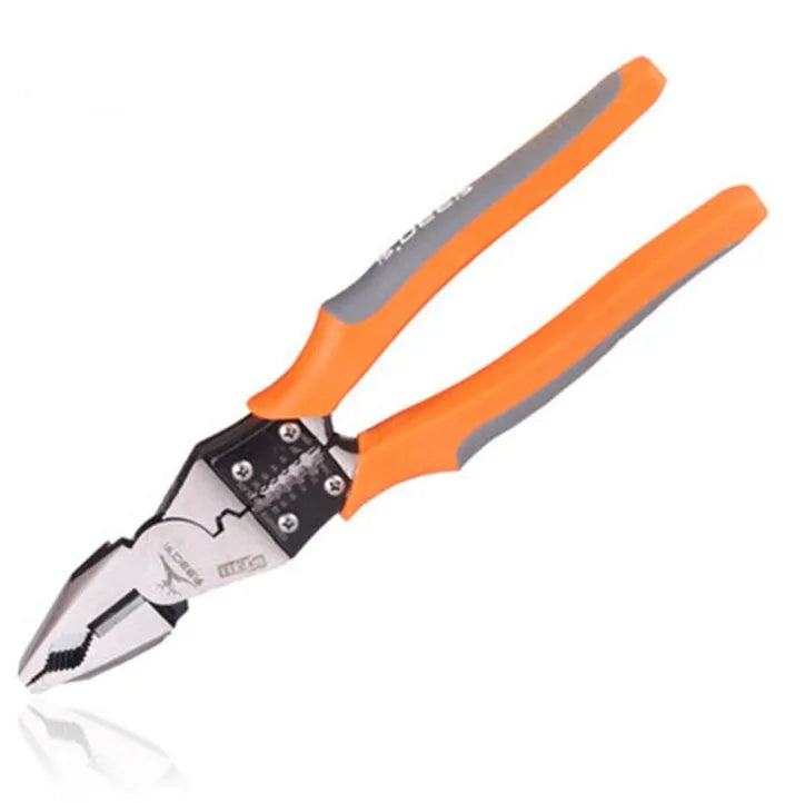 Orange multi-function wire cutter pliers with plastic handles and alloy steel jaws.