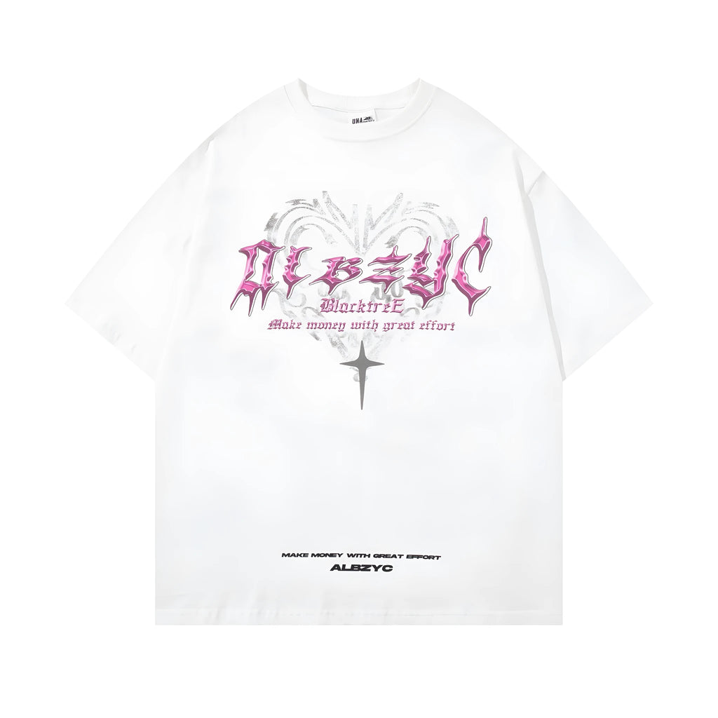 Men's black retro printed cotton t-shirt with loose fit and short sleeves