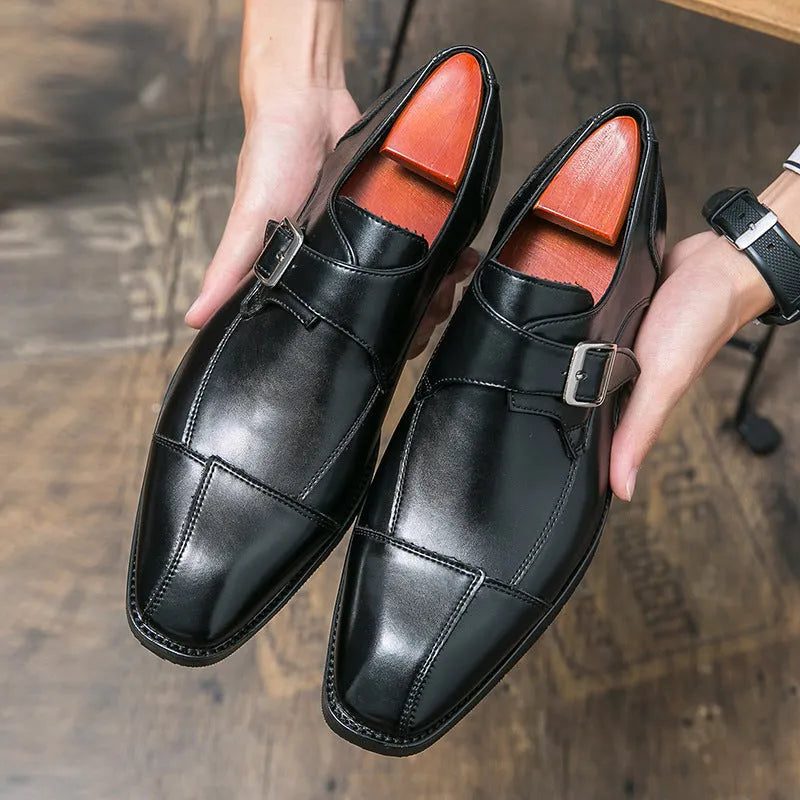 Men's British style retro buckle leather shoes in brown blue colour with tall crown design