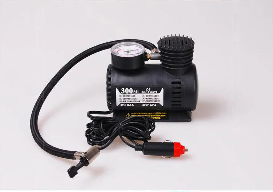 Black plastic 12V car air pump with nozzle and 275cm thread