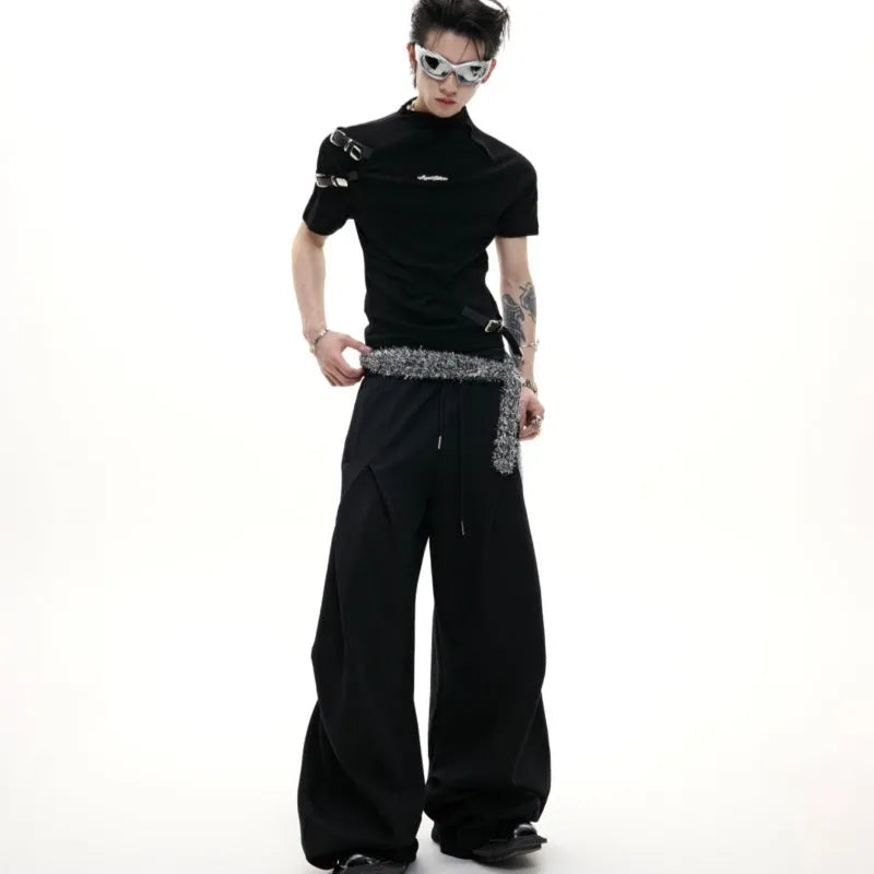 Men's slim fit cotton T-shirt with metal belt detail and stand-up collar in black and white options