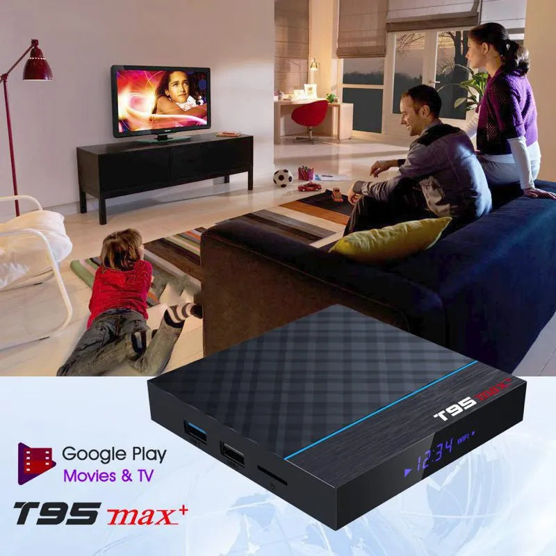 Black T95 Max Plus Android TV Box with remote, showing choice of EU, UK and US power plugs.