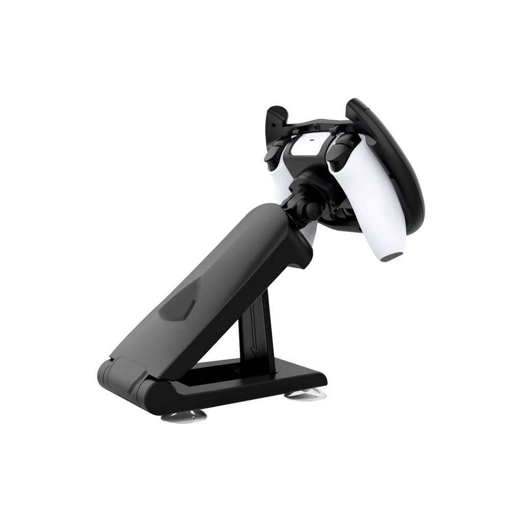 Black ABS phone steering wheel bracket with suction cup attached to gaming steering wheel