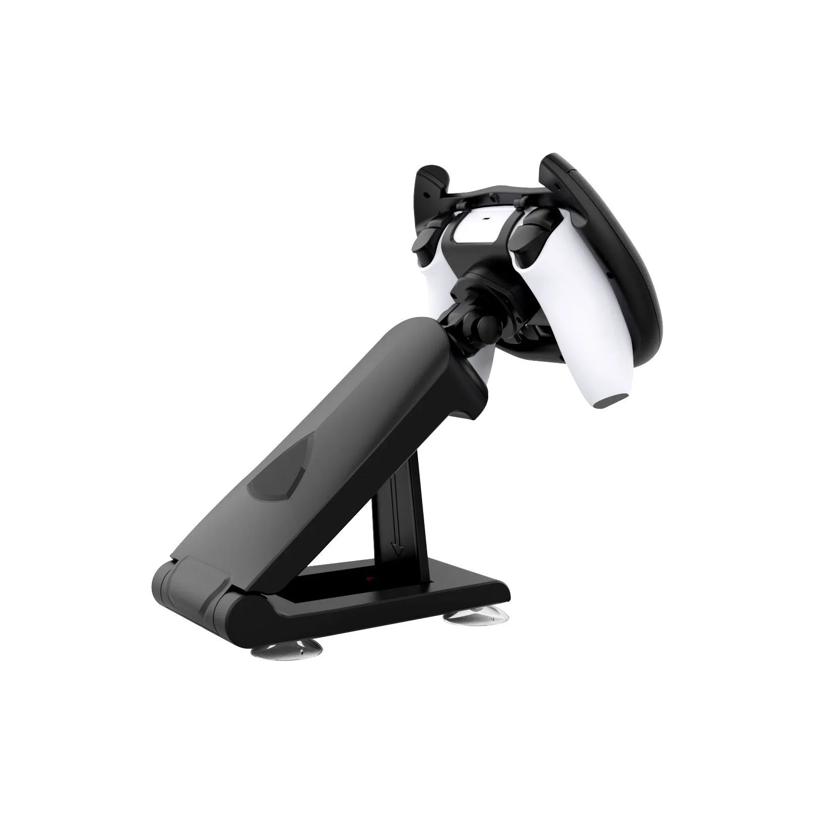 Black ABS phone steering wheel bracket with suction cup attached to gaming steering wheel