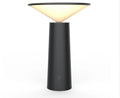 Black USB rechargeable table lamp with touch sensor and adjustable LED reading light head on a desk.