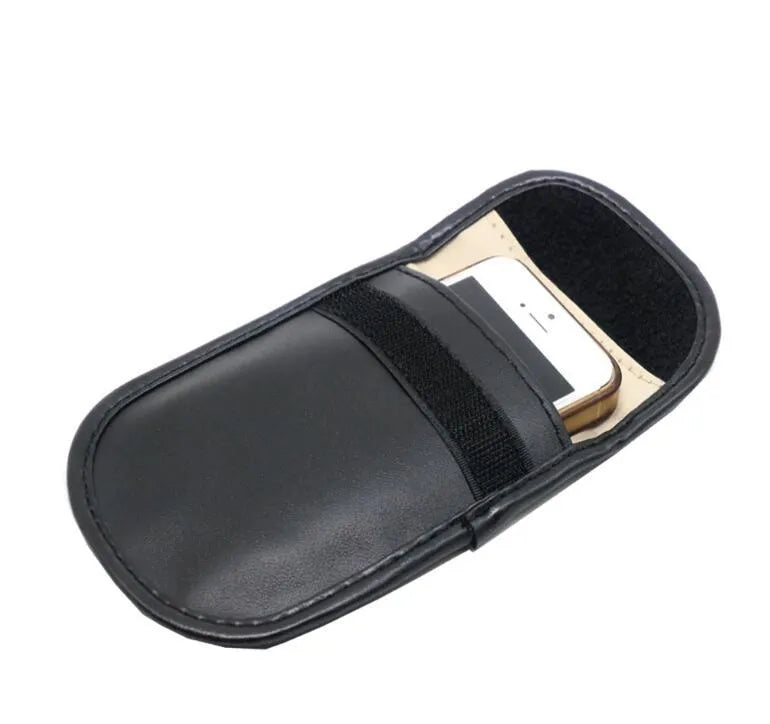 Black microfiber RFID signal blocker bag measuring 13.5 by 9.5 centimetres for car key and card protection