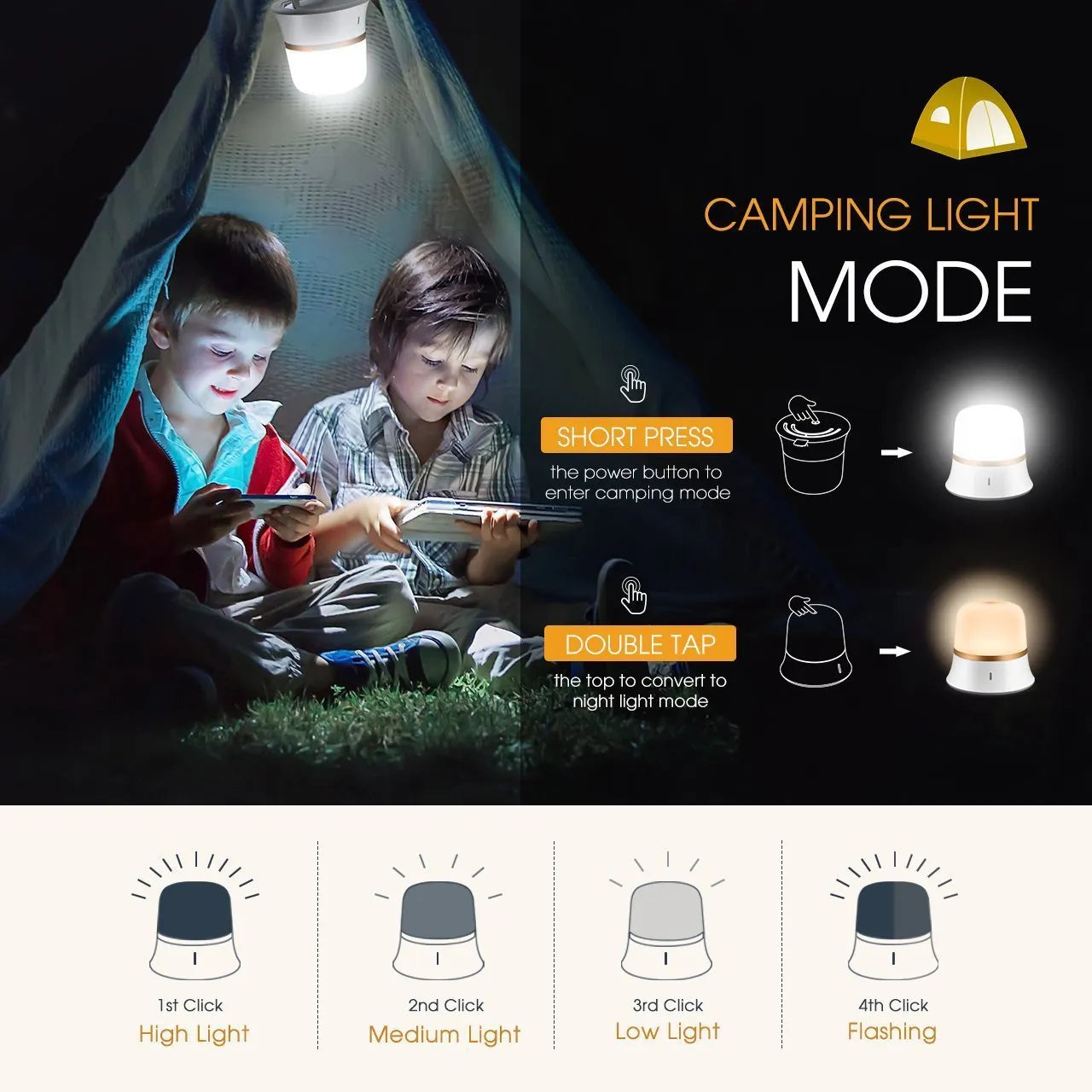 White bedside touch night light showing dimming control and colour change features