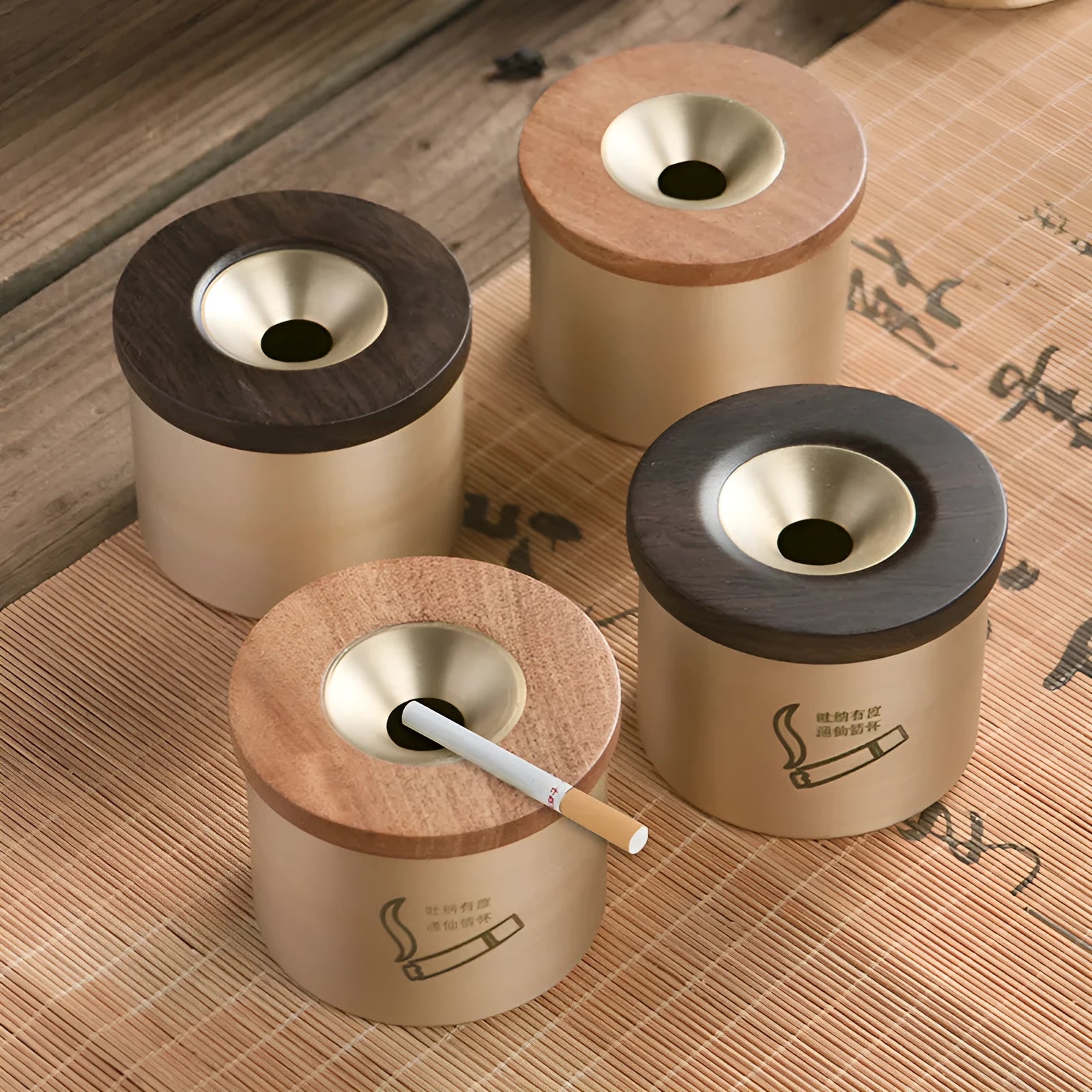 Brass retro ashtray with wooden lid featuring centre hole, made from solid copper for living room use