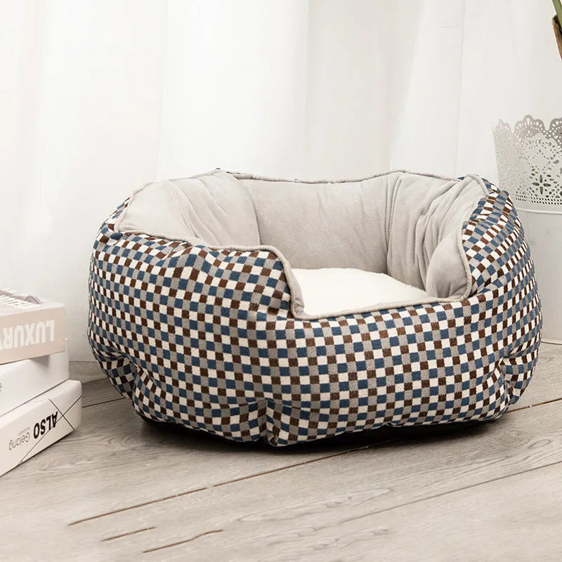 Blue octagonal pet bed with removable mat for a small dog or cat.