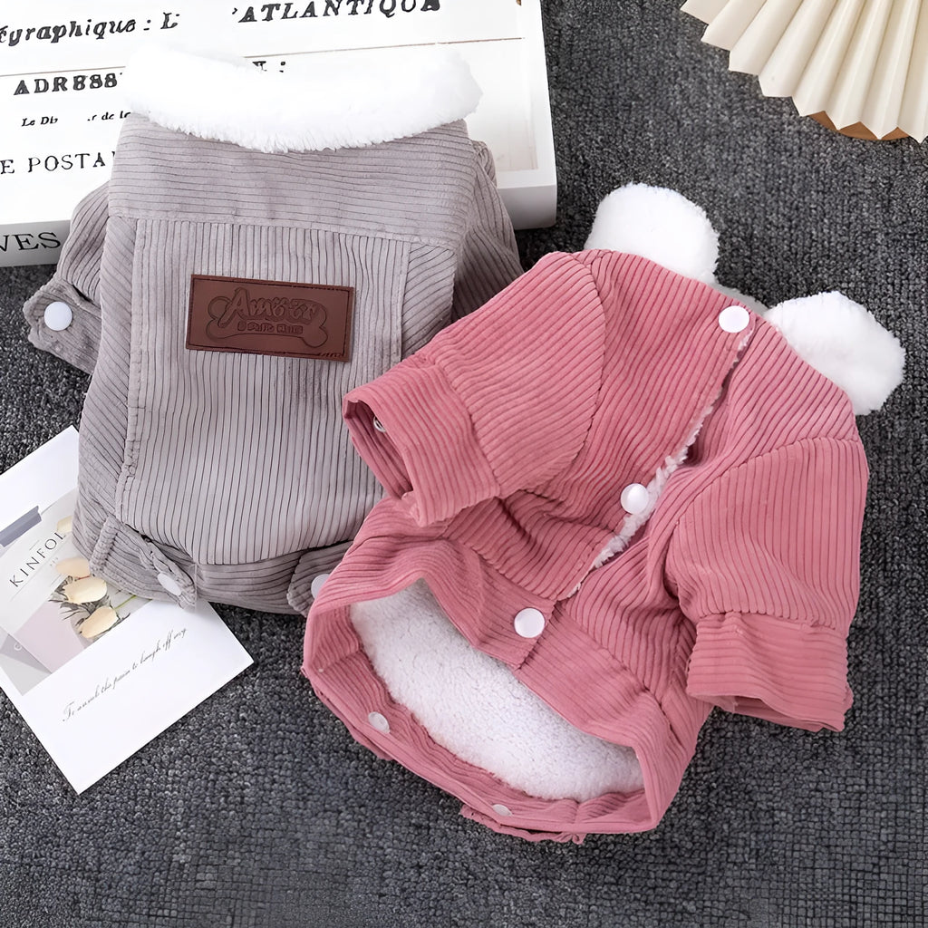 Dog wearing grey lambswool fleece lined winter vest with wool lining for autumn and winter warmth