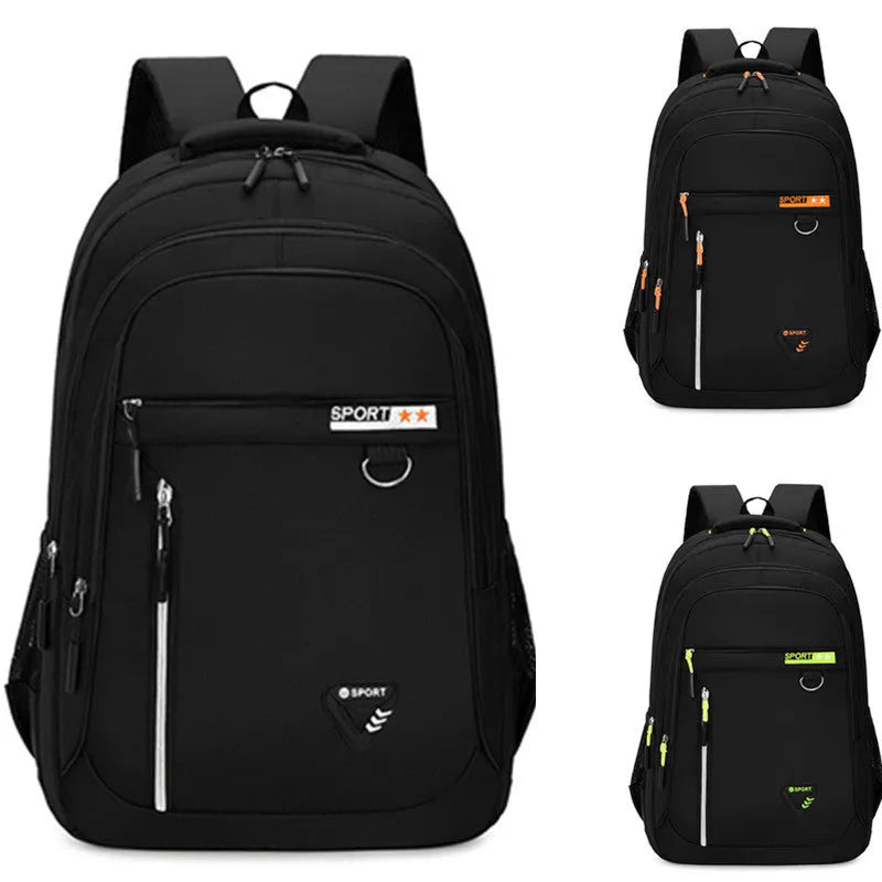 Men's large black Oxford cloth schoolbag with air pillow shoulder straps and splicing design detail.