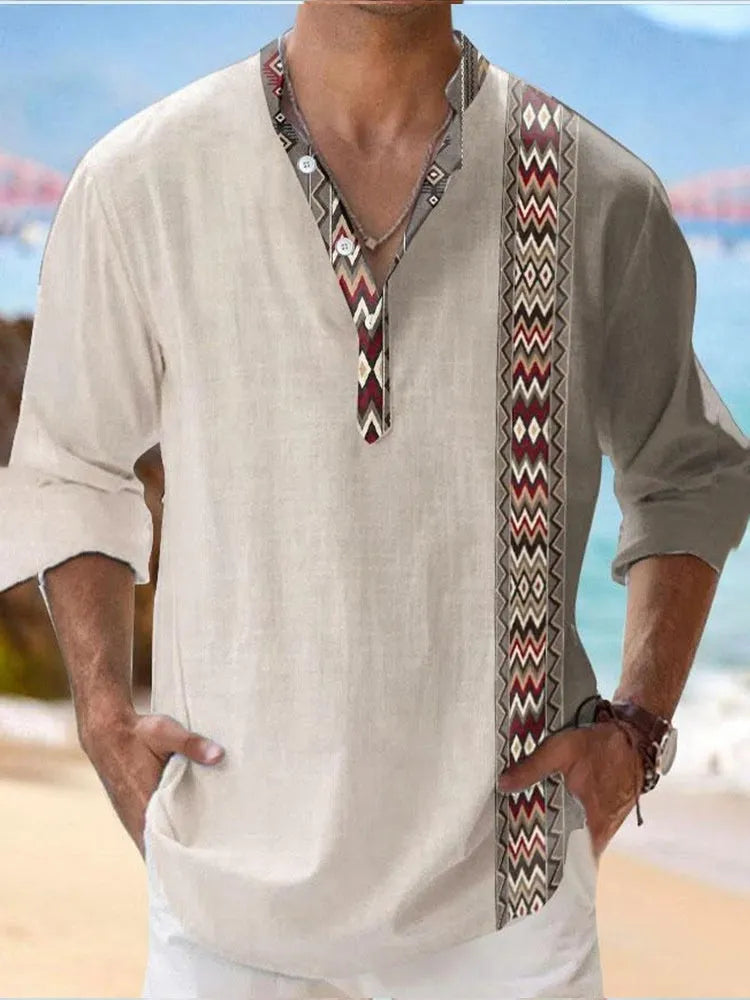 Thin casual Hawaiian shirt with digital bamboo linen stripes and long sleeves