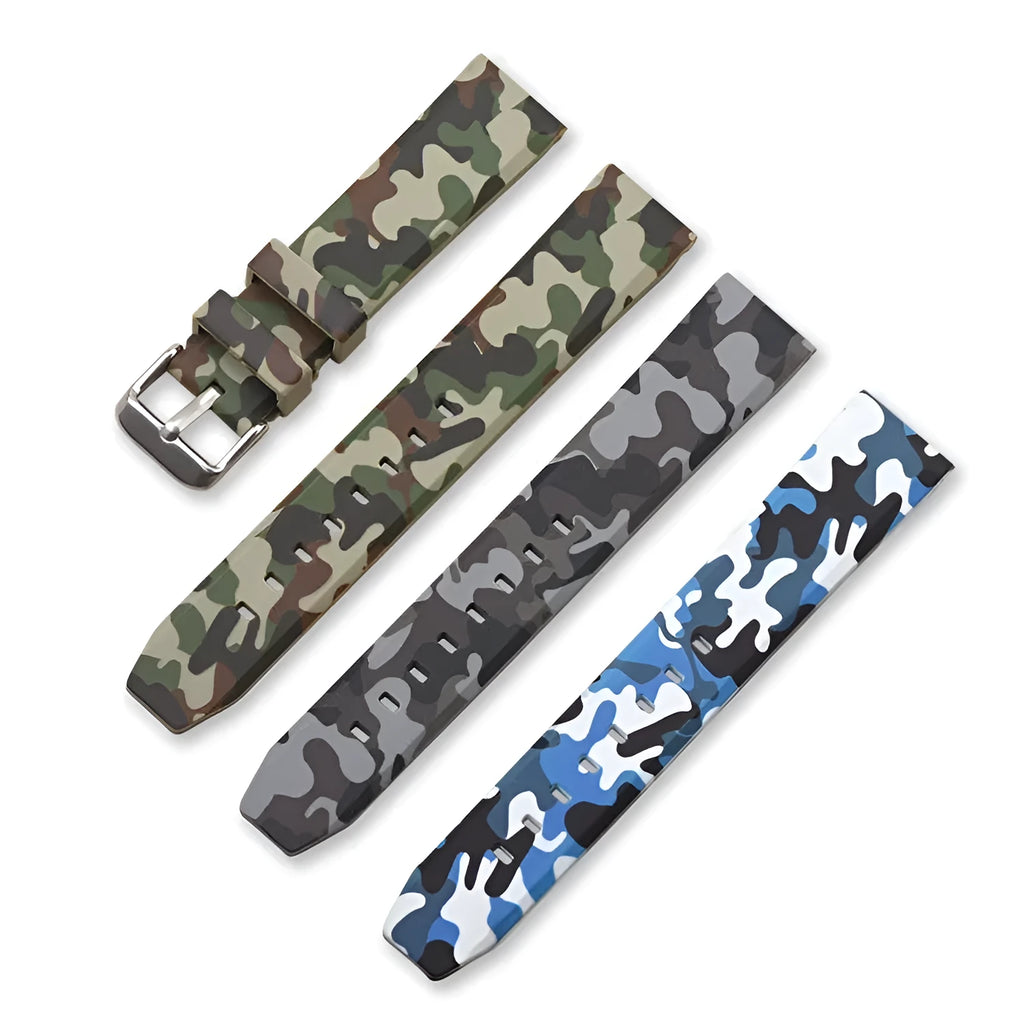 Green, blue, and grey camouflage silicone watch straps showing 20mm, 22mm, and 24mm width options.