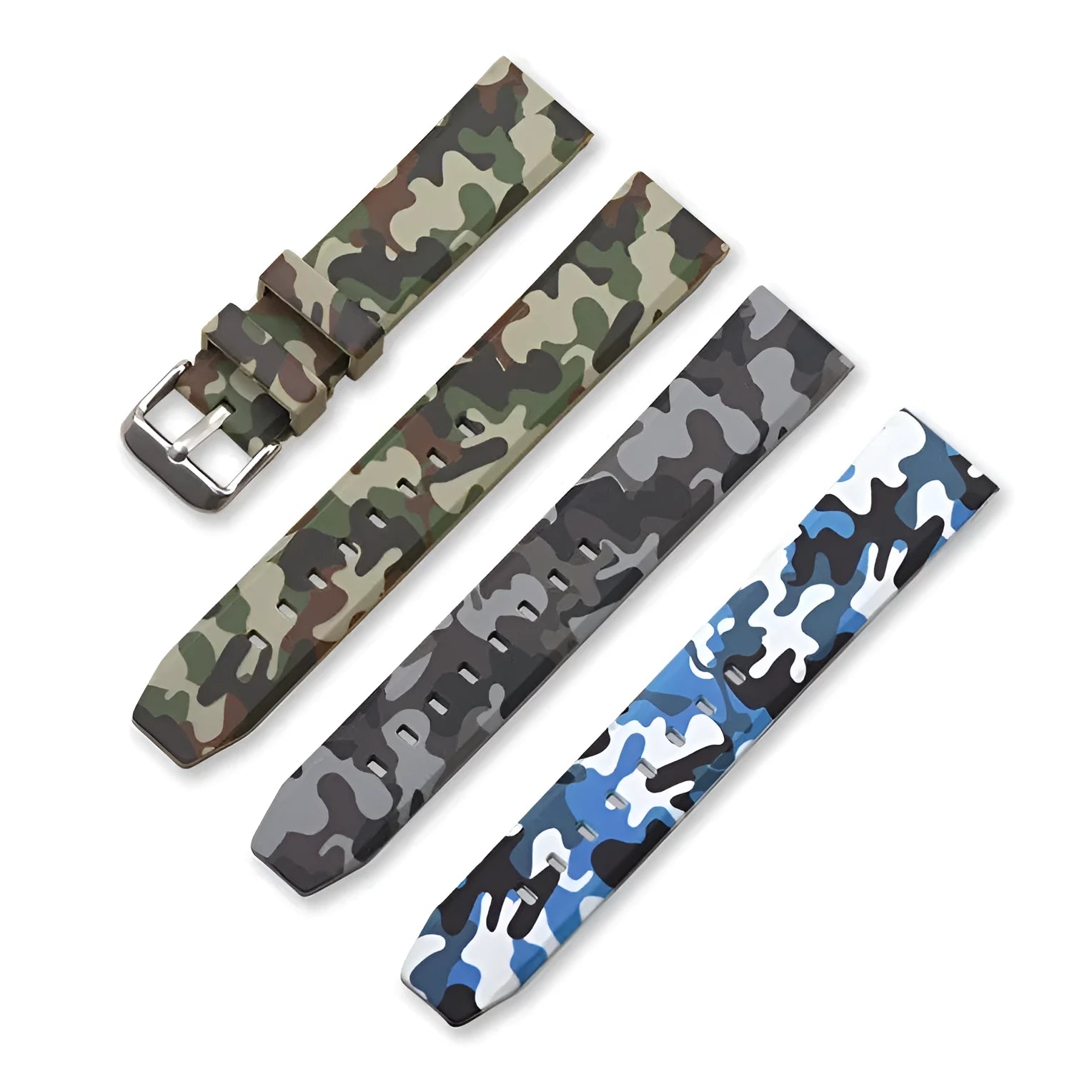 Green, blue, and grey camouflage silicone watch straps showing 20mm, 22mm, and 24mm width options.