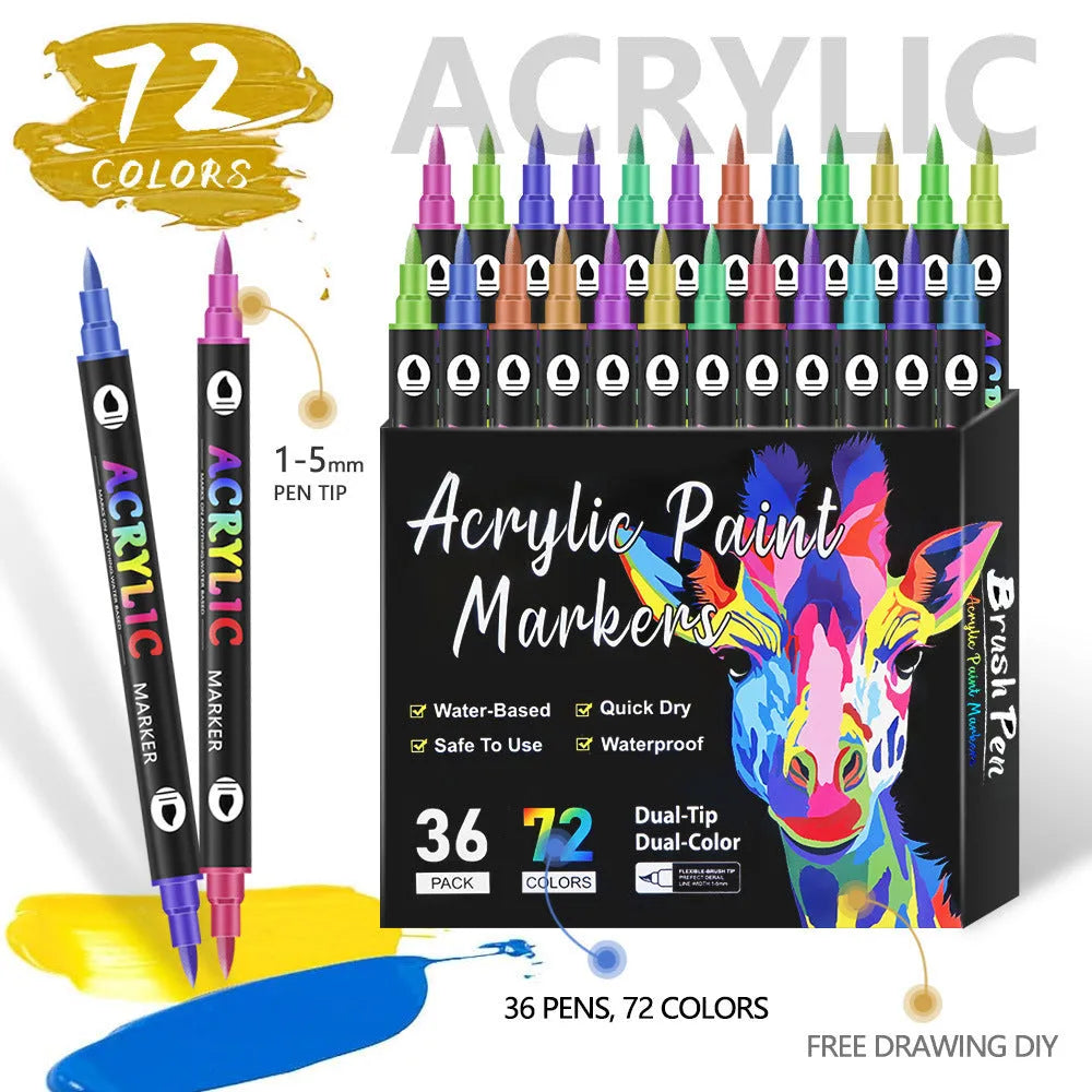 Double-headed acrylic marker pens showing fine tip and broad chisel tip with opaque quick-drying washable ink