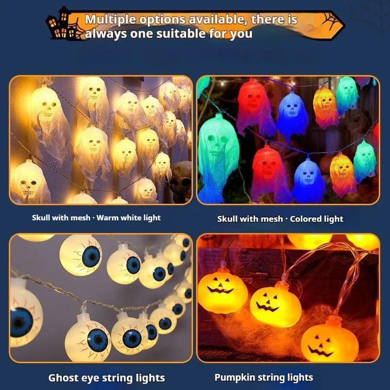 String of battery-powered coloured LED Halloween lights with plastic housing for indoor wall decoration.