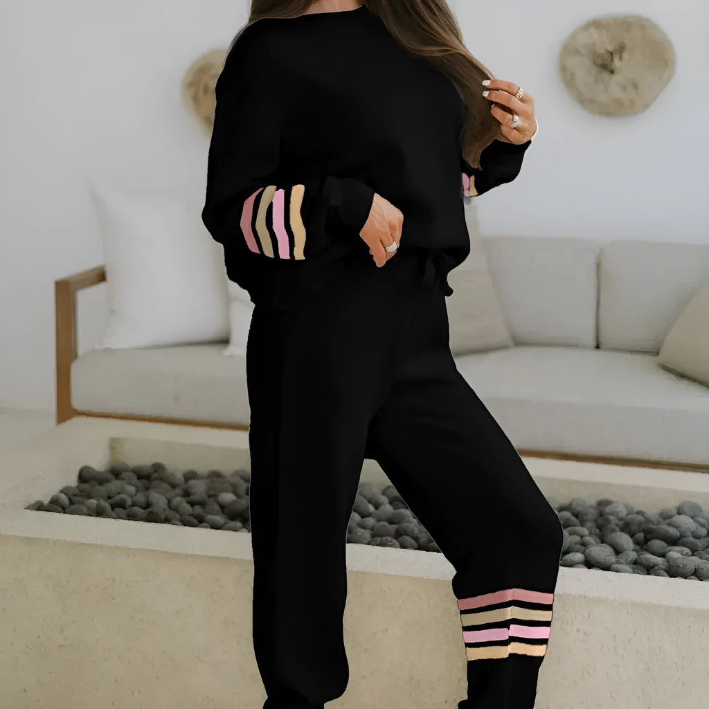 Black striped drop shoulder round neck pullover and matching jogger pants active outfit two-piece set