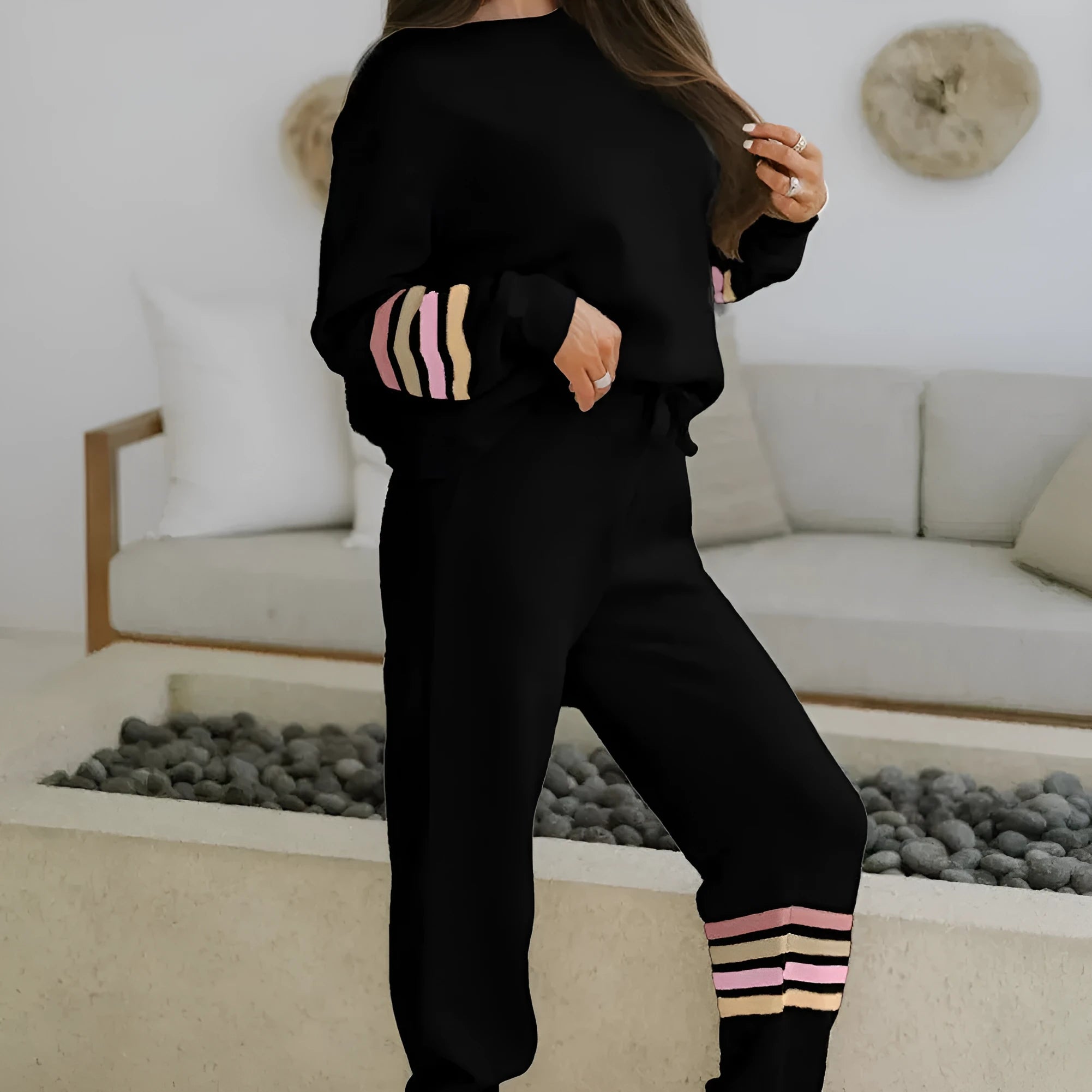 Black striped drop shoulder round neck pullover and matching jogger pants active outfit two-piece set