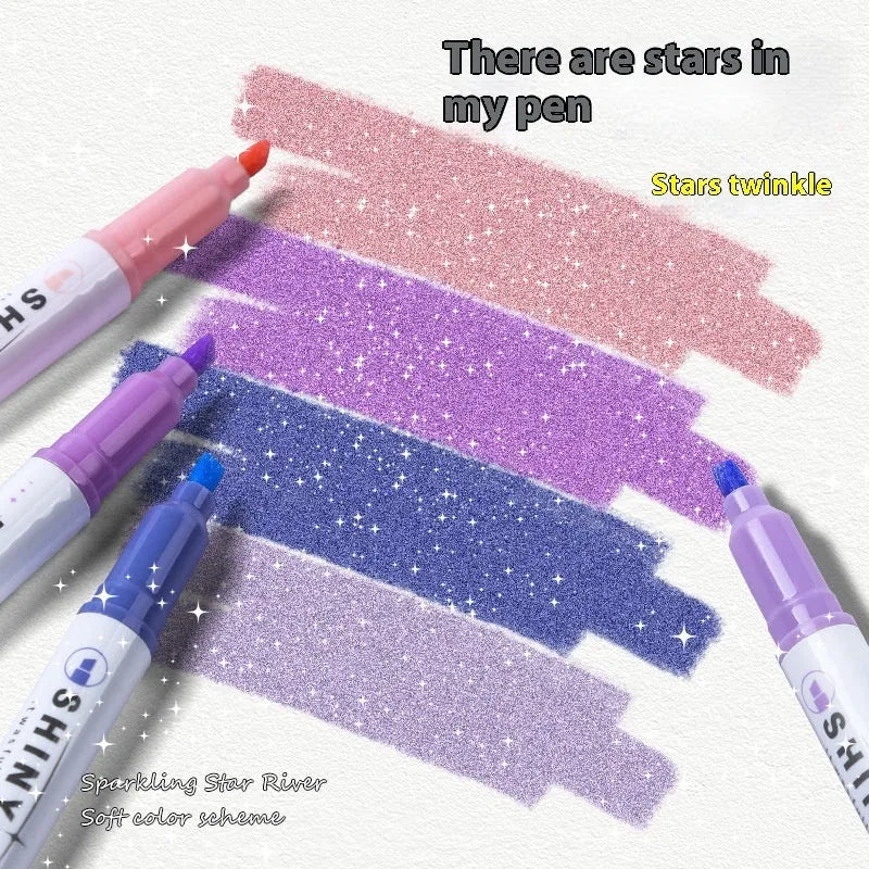 Four glitter fluorescent highlighter pens with slanted 4mm fibre tips in assorted colours including taro puff and peach blossom variations