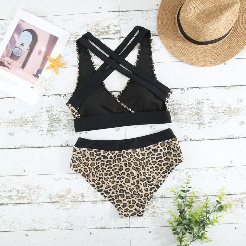 Leopard print cross banded bikini swimsuit with V-neck split front design