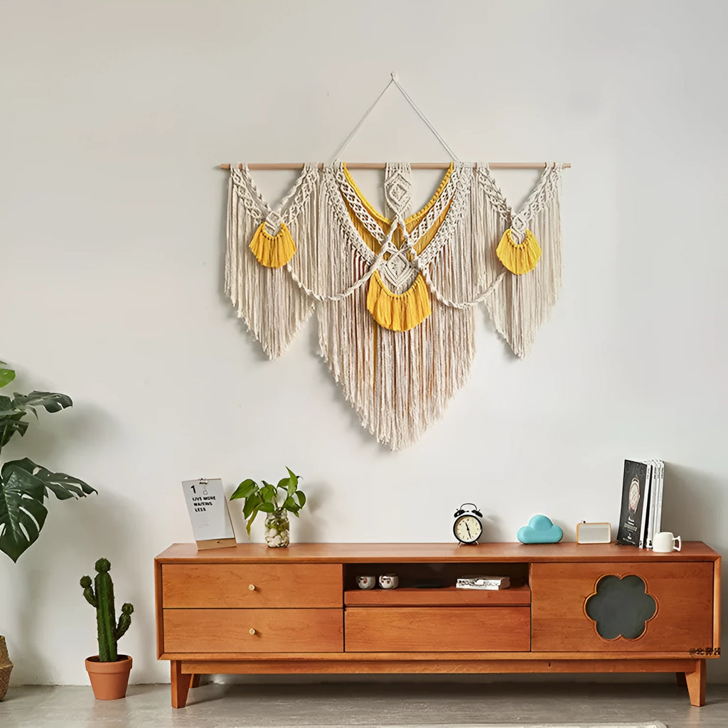 Creamy white cotton woven tapestry with Nordic design measuring 120cm by 95cm