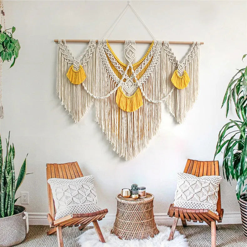Creamy white cotton woven tapestry with Nordic design measuring 120cm by 95cm