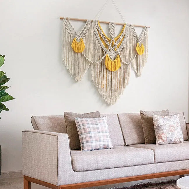 Creamy white cotton woven tapestry with Nordic design measuring 120cm by 95cm