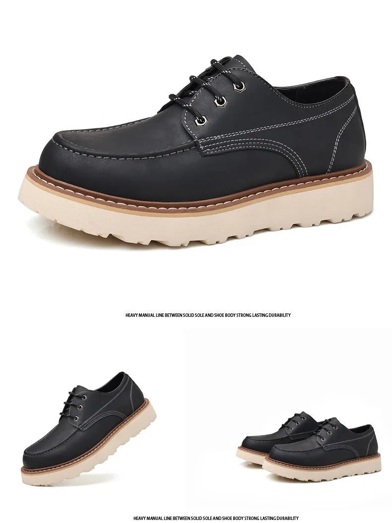 Men's black and brown retro Martin boots with low top and round toe design