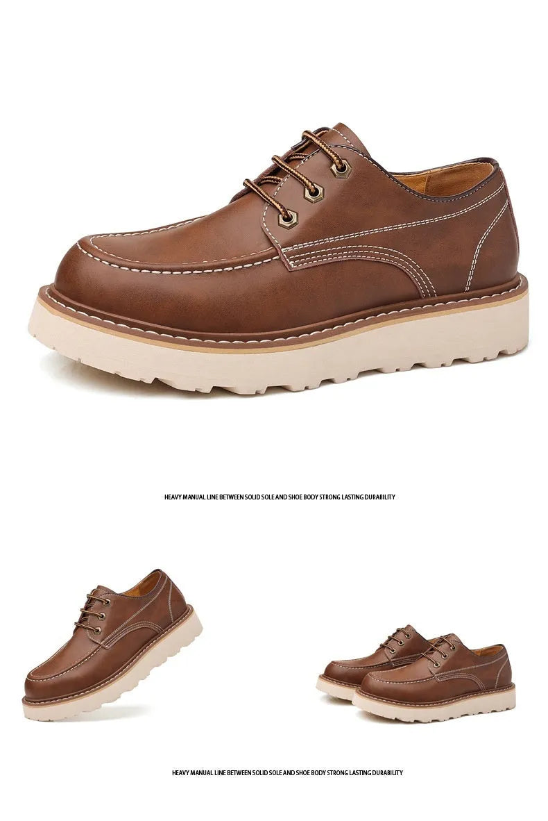 Men's black and brown retro Martin boots with low top and round toe design
