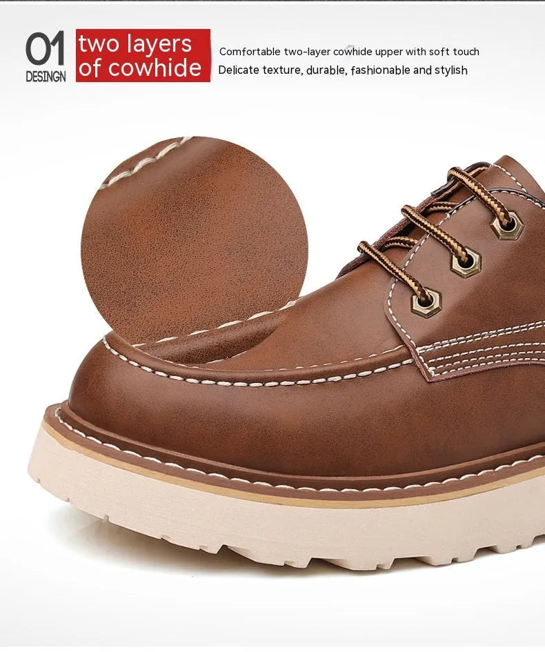 Men's black and brown retro Martin boots with low top and round toe design