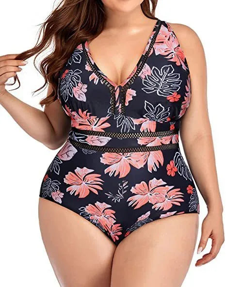 Black printed plus size women's bikini swimsuit with stitching detail in larger sizes