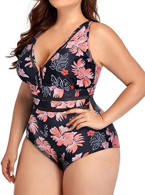 Black printed plus size women's bikini swimsuit with stitching detail in larger sizes