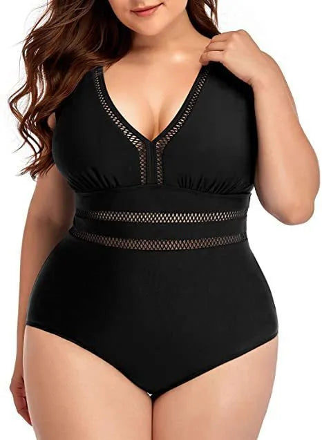 Black printed plus size women's bikini swimsuit with stitching detail in larger sizes
