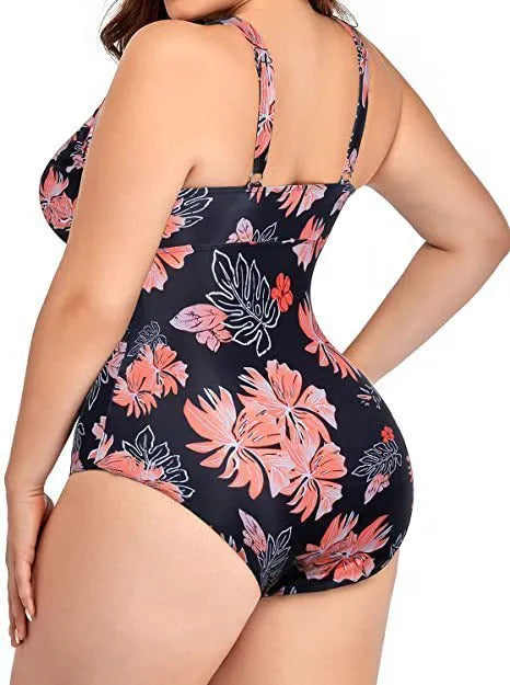 Black printed plus size women's bikini swimsuit with stitching detail in larger sizes