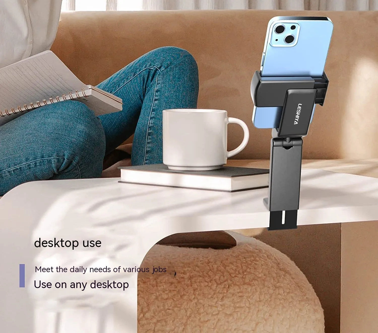 Foldable rotating phone holder in black, extended to full 20cm height with phone secured
