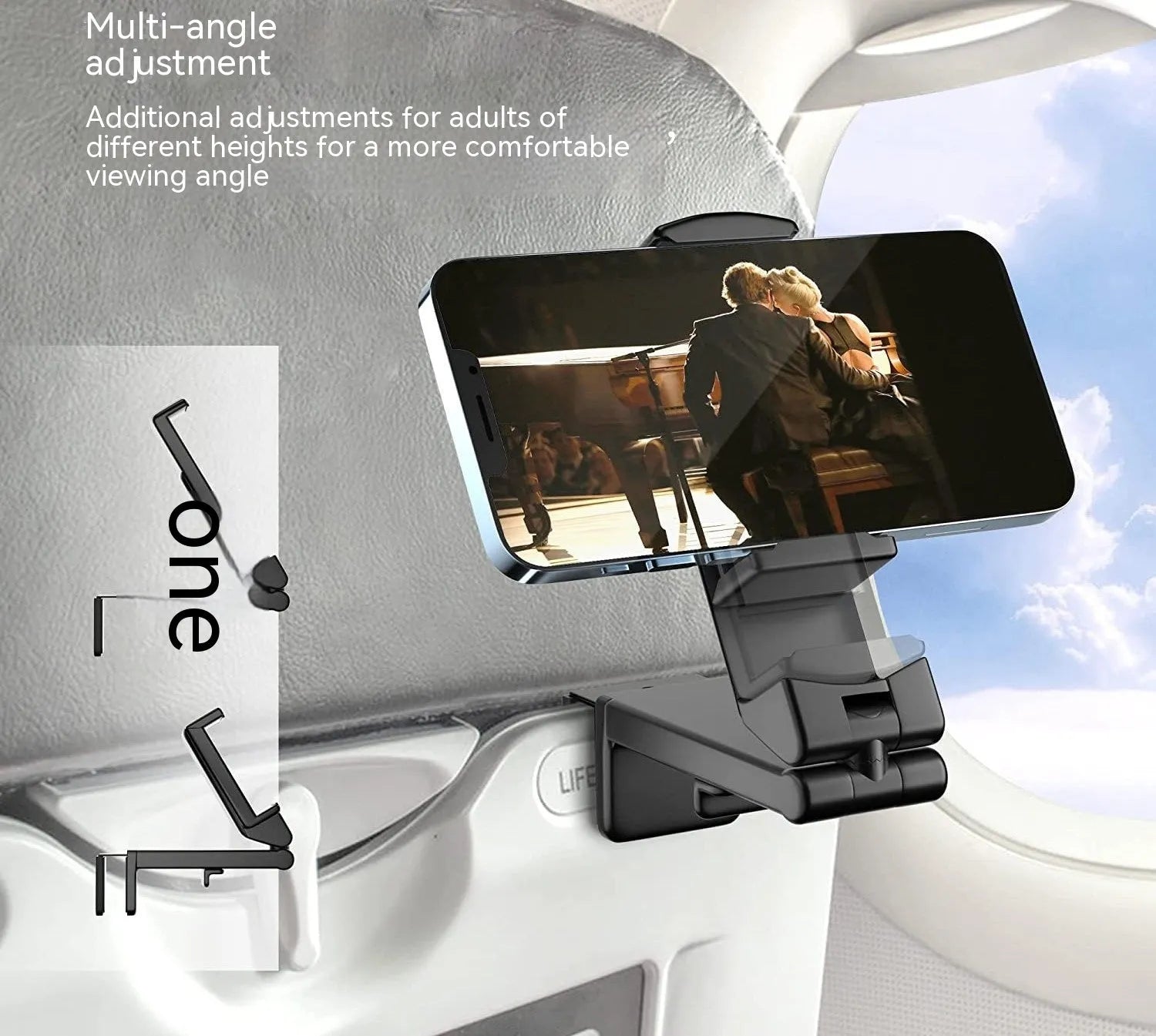 Foldable rotating phone holder in black, extended to full 20cm height with phone secured
