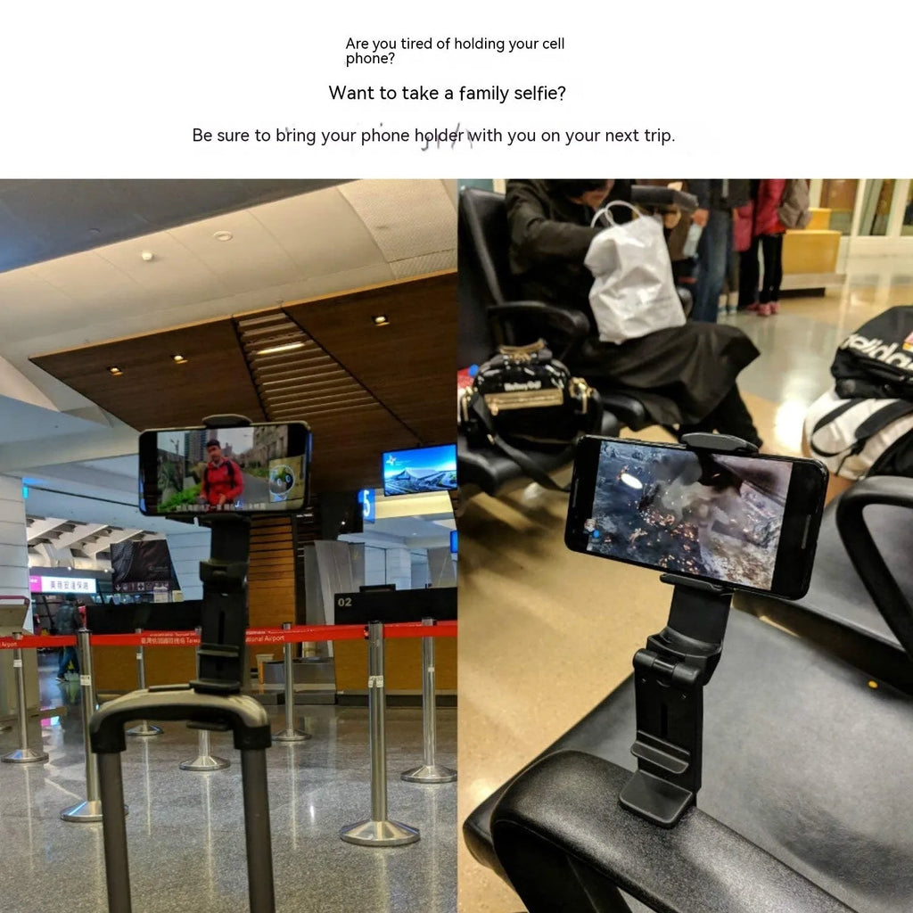 Foldable rotating phone holder in black, extended to full 20cm height with phone secured