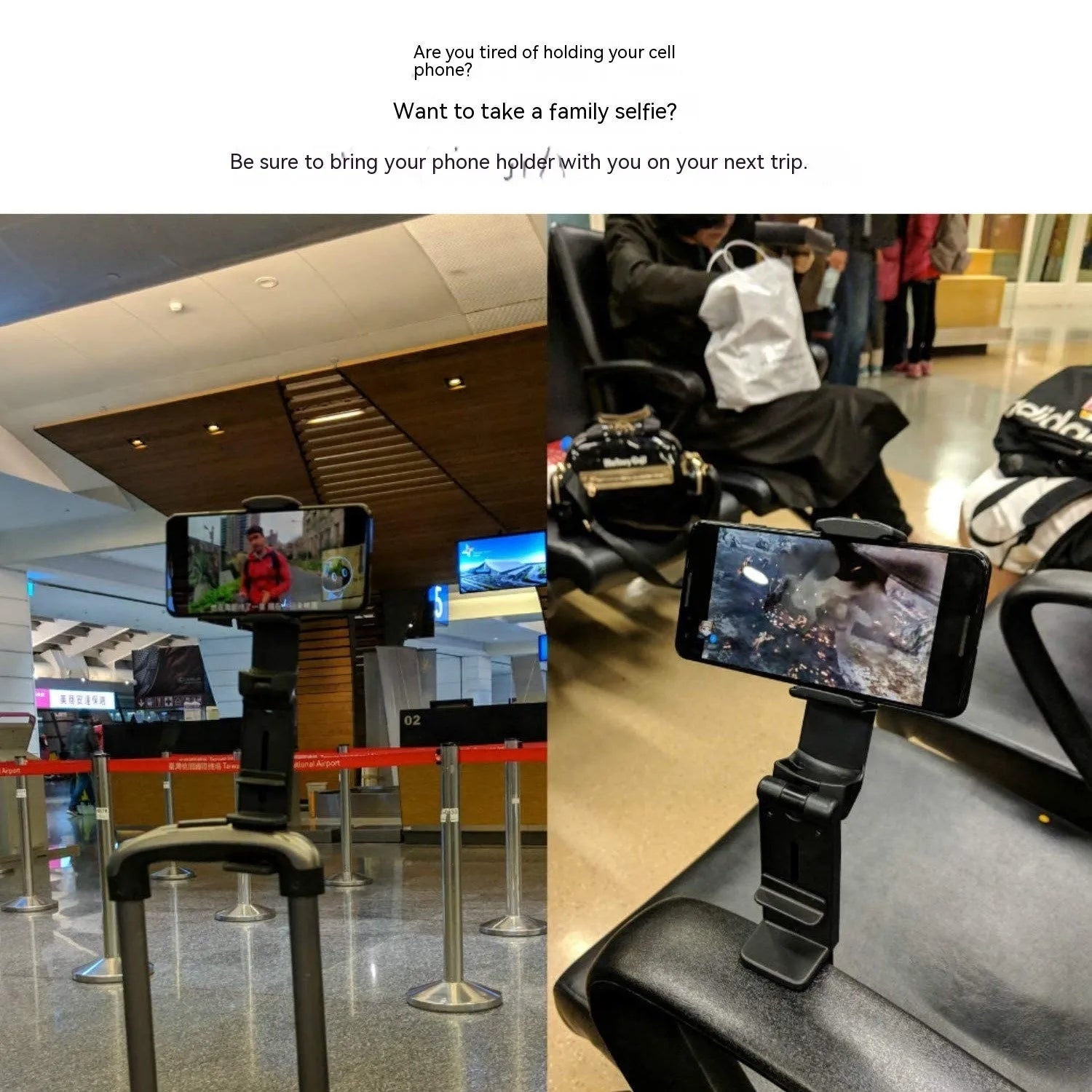 Foldable rotating phone holder in black, extended to full 20cm height with phone secured