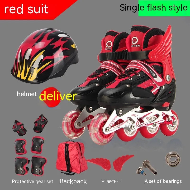 Children's adjustable inline skates with aluminium frame, PU mesh upper, helmet, protective pads, and backpack in multicolour options