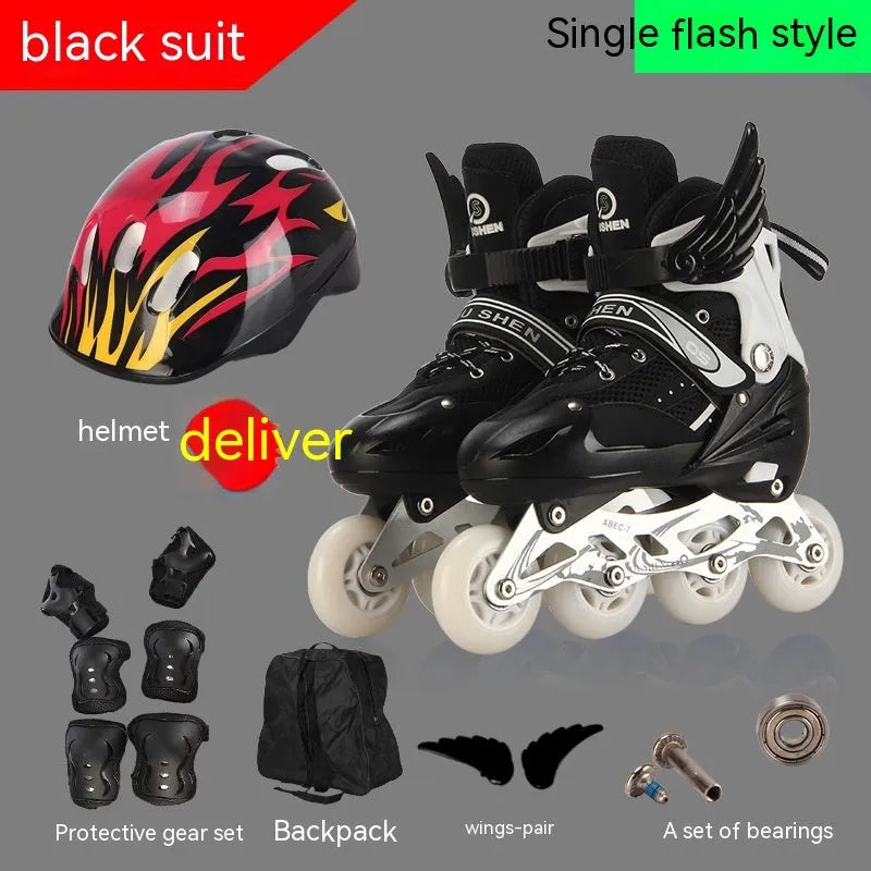 Children's adjustable inline skates with aluminium frame, PU mesh upper, helmet, protective pads, and backpack in multicolour options