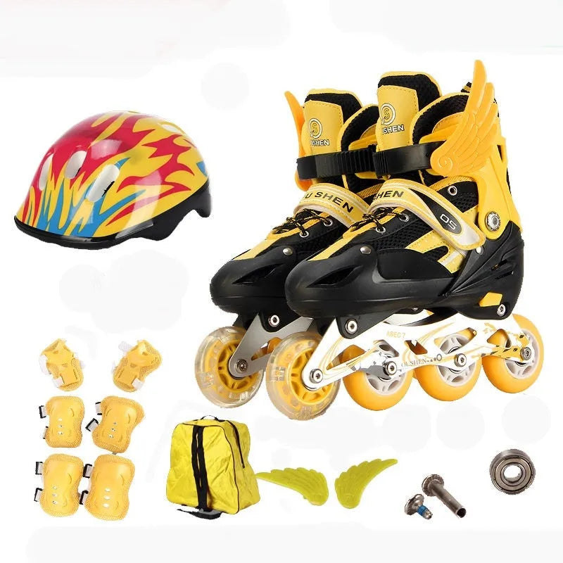 Children's adjustable inline skates with aluminium frame, PU mesh upper, helmet, protective pads, and backpack in multicolour options