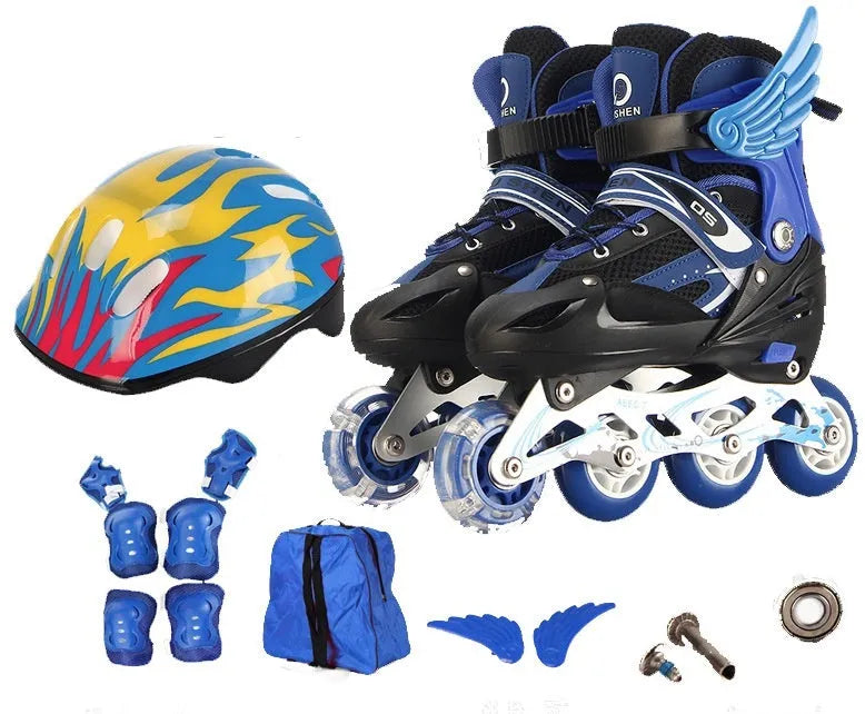 Children's adjustable inline skates with aluminium frame, PU mesh upper, helmet, protective pads, and backpack in multicolour options